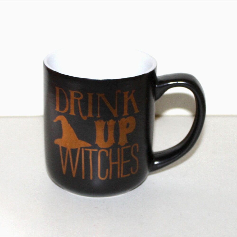 Drink Up Witches coffee tea Mug Roobee matte black gold Halloween witch